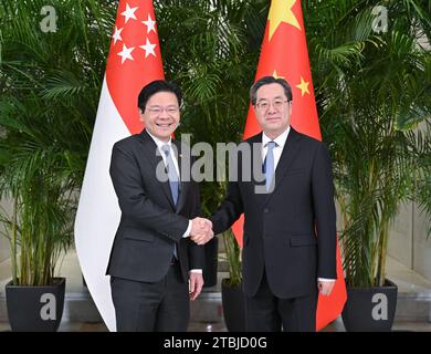 (231207) -- TIANJIN, 7 dicembre 2023 (Xinhua) -- Ding Xuexiang, membro del Comitato permanente dell'Ufficio politico del Comitato centrale del Partito Comunista Cinese e vice Premier del Consiglio di Stato, incontra il Vice primo Ministro e Ministro delle Finanze della Repubblica di Singapore Lawrence Wong a Tianjin, Cina settentrionale, 7 dicembre 2023. Ding e Wong hanno co-presieduto la 19a riunione del Consiglio congiunto Cina-Singapore per la cooperazione bilaterale, la 24a riunione del Consiglio direttivo congiunto Cina-Singapore Suzhou Industrial Park (JSC), la 15a riunione della Cina-Singapore Tianjin Eco-City J Foto Stock