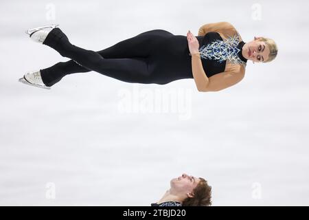 Zagabria, Croazia. 7 dicembre 2023. Sofiia Holichenko e Artem Darenskyi dell'Ucraina gareggiano nelle coppie Free Skating durante la seconda giornata della 55a Golden Pirouette a Zagabria, in Croazia, il 7 dicembre 2023. Foto: Igor Kralj/PIXSELL credito: Pixsell/Alamy Live News Foto Stock