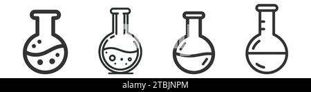 Set di provette per analisi chimiche, confezione, raccolta. Tubo di vetro. Modello per matraccio. Contenitore in vetro. Matraccio di veleno. Icona JAR. Illustrazione Vettoriale