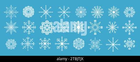 Decora il natale su sfondo blu con cristalli di fiocco di neve bianco e crea un elemento congelato per ornamenti invernali. Illustrazione vettoriale Illustrazione Vettoriale