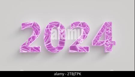 I titoli rosa ghiaccio di pezzi di cristalli rotti si combinano con i numeri 2024 per il nuovo anno, su sfondo bianco. Rendering 3D. Foto Stock