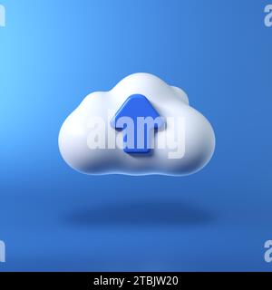 Nuvola bianca e soffice con icona di caricamento isolata su sfondo blu tenue. Stile minimalista dei cartoni animati. Concetto tecnologico. Illustrazione rappresentazione 3D. Foto Stock