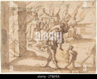 Enea che trasporta Anchises in The Burning of Troy 1880 di Francesco Allegrini Foto Stock