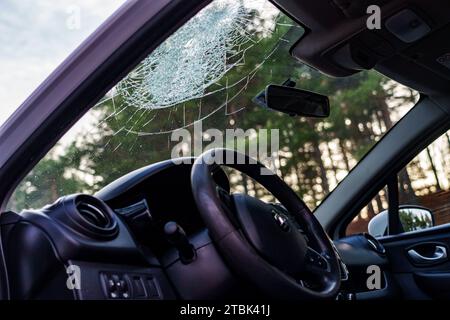 Ardino, Bulgaria - 2 dicembre 2023: Il veicolo a noleggio si è schiantato su un albero sulla strada di campagna tra Ardino e Karzdhali, i monti Rodophi e Car Was Foto Stock