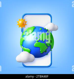 Smartphone 3d con globo o terra, Sole e nuvole Illustrazione Vettoriale