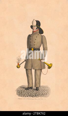 'Fireman, ritratto a tutta lunghezza, rivolto a sinistra, con uniforme. P. Desobry's Lithy., No. 56 Exchange Place, [tra il 1824 e il 1843]' Foto Stock