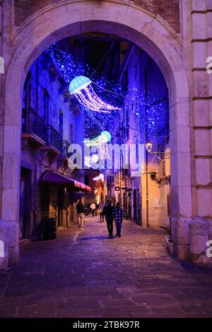 Una piazza storica con un mare pieno di meduse. Dal 24 novembre a Salerno è possibile visitare le cosiddette "luci d'artista". Tutte le strade della città vecchia e molte aree del centro città sono illuminate da splendidi disegni colorati. Ogni giorno, a partire dalle 17:00, le luci si accendono e creano un'atmosfera magica e suggestiva. Le installazioni di illuminazione sono create da artisti di fama internazionale e sono un mix di creatività, innovazione e tradizione. (Foto di Pasquale Senatore/Pacific Press) Foto Stock