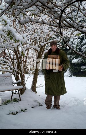 Uomo che porta legna da ardere attraverso la caduta di neve in giardino per uso come combustibile in un bruciatore di legno Zala county Ungheria Foto Stock