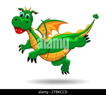 Drago verde dei cartoni animati volanti su sfondo bianco. Divertente personaggio da favola. Dinosauro verde. Illustrazione Vettoriale