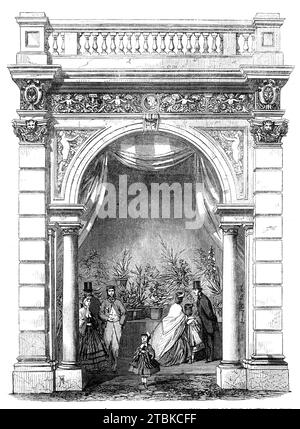 Royal Horticultural Society's Gardens, South Kensington: Uno degli archi della Northern Arcade, finito di mostrare lo stile di decorazione proposto, 1861. Il nuovo giardino della società è stato aperto nel 1861 e si trova nell'attuale sede del Museo della Scienza e dell'Imperial College di Londra. Il principe Alberto, in qualità di presidente della RHS, ha influenzato tutto, dalla posizione del giardino a Kensington, alla sua architettura italiana e persino agli eventi che si svolgevano lì. La società aveva concordato che il giardino sarebbe stato aperto a tutti i possessori di ticketholders per le mostre internazionali che si tenevano nel nuovo quartiere culturale di South Kensington Foto Stock