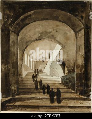 Monaci sulla scalinata della Villa di Maecenas a Tivoli, 1826 circa. Foto Stock