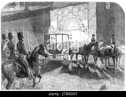 L'arrivo del Principe di Galles a Clumber, in visita al Duca di Newcastle, 1861. Il futuro re Edoardo VII è ospite in una casa signorile nel Nottinghamshire. 'Sua altezza reale ... arrivato a Clumber la sera di mercoledì settimana ... il principe è stato scortato dalla stazione di Retford della Great Northern Railway dal Clumber Troop of Yeomanry Cavalry' da "Illustrated London News", 1861.. Foto Stock