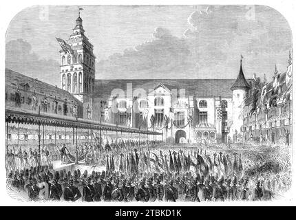 L'Incoronazione del re e della regina di Prussia: La processione dalla chiesa del castello, K&#xf6;nigsberg, dopo l'incoronazione - da uno schizzo dei nostri artisti speciali, 1861. La chiesa del castello, in cui si svolgevano le cerimonie, era risplendente con decorazioni dorate e drappeggi di velluto...alle dieci la processione reale, debitamente marescillata, procedeva dal castello alla chiesa, annunciata dalla "marcia dell'Incoronazione", composta da Meyerbeer espressamente in onore dell'evento. Inclusi nella processione erano i principali ufficiali della Corte e della Casa reale, i rappresentanti Foto Stock