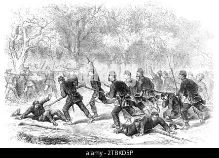 The Civil War in America: The Fight at Ball's Bluff, Upper Potomac - uno sforzo disperato fatto dal 15th Massachusetts Regiment per ripulire il bosco con una carica a baionetta - da uno schizzo del nostro artista speciale, 1861. "L'intera vicenda sembra essere stata mal pianificata, e aggiunge... ai terribili errori commessi dai comandanti federali. Non è credibile che 1800 uomini avrebbero dovuto attraversare un fiume di fronte ad un nemico più fortemente distaccato, e lasciato senza sostegno quando 30.000 della divisione a cui appartenevano erano a suon di fucili. Il piccolo corpo, tuttavia, combatteva valorosamente Foto Stock