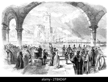 Scena da "Otello" al Teatro della Principessa: La città e il porto di Cipro, 1861. Produzione teatrale di Londra: Charles Fechter 'Blacked Up' come Othello. La scena, '...Cipro sotto...un graduale abbattimento storm...places lo spettatore, per così dire, su una piattaforma davanti alla città, guardando il porto. L'abilità e il gusto del signor Telbin non sono mai stati mostrati in modo più bello che in questo set pittorico ben disposto. [Il design del set include]...un grande porticato sul retro della scena, un cancello a destra e un capstan a sinistra, circondato da balle di merce. Queste aggiunte abilitano il Foto Stock