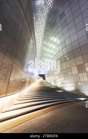 Perla Arhitectural, DDP │ Dongdaemun Design Plaza, vista notturna della facciata di stile moderno, Seoul, Corea del Sud Foto Stock