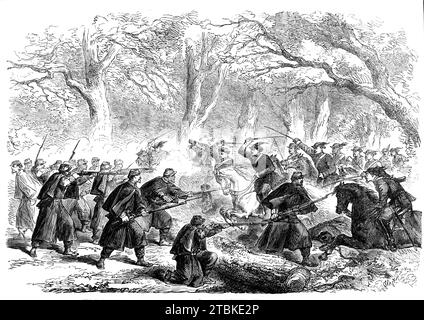 The Civil War in America: Shomish Near Fall's Church, Virginia - da uno schizzo del nostro artista speciale, 1861. "Sebbene non ci fosse stato alcun scontro degno di nota tra le forze rivali sulle rive del Potomac al momento degli ultimi dispacci che lasciavano l'America, eppure attacchi e contrattacchi su piccola scala tra corpi distaccati continuavano a verificarsi. L'illustrazione di accompagnamento del nostro artista nel campo federale, mostra una schermaglia che ha avuto luogo per un breve periodo ago...between un corpo del 14th New York Regiment (Brooklyn) Regiment e una truppa di cavalleria confederata. Il 14 è stato sorpreso Foto Stock