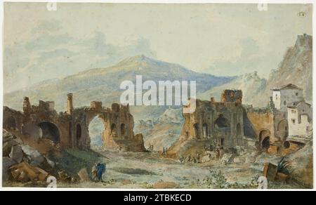 Il Teatro Antico di Taormina con vista sull'Etna, Studio per il viaggio Pittoresque de Naples et de Sicile di San non, 1783. Foto Stock