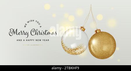 Elegante banner natalizio con palle in vetro dorato e trasparente. Illustrazione vettoriale in uno stile 3D realistico Illustrazione Vettoriale