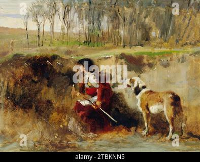 Studiare il cavaliere con il cane, c1870/1880. Foto Stock