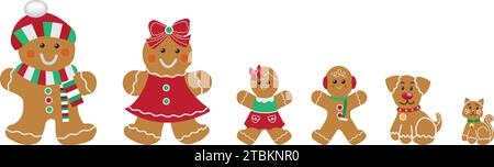 Famiglia Gingerbread: Padre, madre, figlia, figlio, figli, cane, gatto, animali domestici. Illustrazione vettoriale. Illustrazione Vettoriale