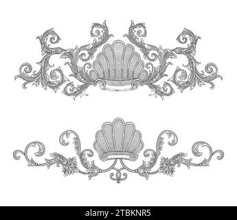 Conchiglia con ornamento floreale, illustrazione in stile disegno con incisione a scorrimento in foglia barocca vintage Illustrazione Vettoriale