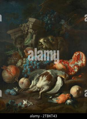 Pezzo di frutta con pergamena morta e bullfinch, 1720. Foto Stock