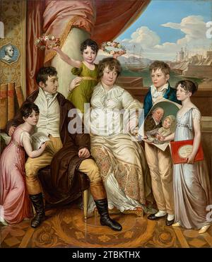 La famiglia del grossista Johann Christian Edler von Bruchmann, 1810 anni. Il ritratto di famiglia mostra il grossista Johann Christian Edler von Bruchmann (1769-1849), che proveniva da Colonia ma viveva a Vienna dal 1788, con sua moglie Justina, chiamata Weis (1774-1840, sposata nel 1797), e suo figlio Franz Seraph (1798-1867) e le figlie Sibylla Justina (1799-1820), Isabella Josepha (1801-1836) e Justina Johanna Maria (1805-1829). Il doppio ritratto ovale che Franz Seraph tiene nelle sue mani probabilmente mostra i genitori del mercante, il commerciante e proprietario della fabbrica a Colonia, Christian August Joseph Bru Foto Stock