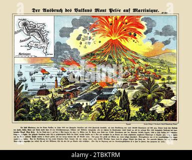 'Der Ausbruch des Vulkans Mont Pel?e auf Martinique. La colorata mappa pittorica raffigura uno dei grandi disastri naturali dell'epoca moderna, la spettacolare eruzione del Monte Pelee in Martinica nell'aprile 1902. sul foglio 34x43. Data stimata. Include le note. Lo stratovulcano del Monte Pelee costituisce la parte settentrionale dell'isola di Martinica, lunga colonia francese. La città più grande dell'isola, St. Pierre, seduto vicino ai piedi del vulcano. Come mostrato nella presente stampa, il vulcano eruttò violentemente, con flussi di cenere e lava che regnano sulla città. St Pierre e gran parte delle contee circostanti Foto Stock