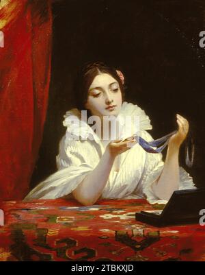La miniatura, 1794-1859. Una giovane donna guarda a lungo un ritratto in miniatura di una persona cara assente. Foto Stock