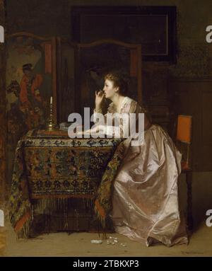 La risposta importante, XIX secolo. Una donna in abbigliamento all'inizio del XVII secolo è seduta a un tavolo a riflettere su una lettera che sta scrivendo. Sullo sfondo c'è uno schermo giapponese alto. L'artista ha prestato grande attenzione alla resa delle superfici contrastanti dell'abito in raso del suo soggetto e del tappeto che ricopre il tavolo. Nella sua intimità e nella sua nota orientale, questo lavoro si avvicina alla pittura di Alfred Stevens. Foto Stock