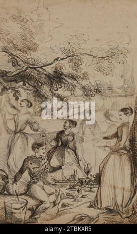 Cadet Days (picnic), 1852. Un giovane cadetto ad un lussuoso picnic circondato da giovani donne eleganti. Questo disegno è stato precedentemente attribuito a Whistler, che realizzò molti disegni, a volte ai margini dei suoi libri di testo, mentre era un cadetto a West Point tra il 1851 e il 1854. Tuttavia, i compagni cadetti di Whistler spesso disegnavano scene umoristiche per passare il tempo. Questo disegno è ora attribuito a uno dei pari di Whistler, Francis Laurens Vinton (1835-1879) (che si laureò a West Point nel 1856). In seguito fu generale di brigata dalla parte dell'Unione durante la guerra civile, e dopo la guerra una fondazione Foto Stock