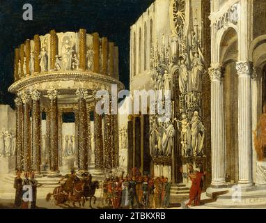 St Paolo predicò agli Ateniesi, c1620-1624. Scena del primo cristianesimo, ambientata in un'architettura fantasy, misteriosamente illuminata sotto il cielo buio. La piccola scala delle cifre fa sembrare gli edifici enormi. De Nom&#xe9; ha immaginato gli antichi paesaggi di Atene come fiancheggiati da sculture e ricchi ornamenti architettonici. Un tempio pagano circolare sorge accanto ad un sontuoso ingresso di una sinagoga, con una statua di Mosè a sinistra che sembra essere stata adattata dal famoso Pozzo di Mosè del 1395-1404 da Claus Sluter a Digione. Foto Stock