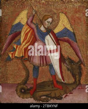 Arcangelo Michael Slaying the Dragon, 1380-1389. Le sue ali si estendevano e il mantello svolazzava dietro di lui, St. Michael getta la lancia nelle mandibole del drago. La posizione dell'arcangelo sul corpo del drago simboleggia la vittoria del bene sul male, che è ulteriormente enfatizzata dal contrasto tra l'ala spazzata dell'arcangelo e l'ala immobilizzata del drago. Estendendo l'ala di Michael oltre la decorazione del bordo perforato, il pittore fa sembrare l'arcangelo espandersi nel campo delle immagini di fronte allo sfondo dorato. Foto Stock