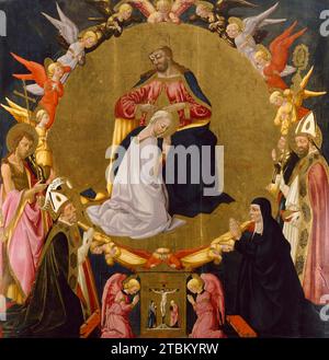 L'Incoronazione della Vergine con Angeli e quattro Santi, probabilmente dopo il 1475. In questa pala d'altare, Cristo pone una corona sulla testa della sua madre inginocchiata, la Vergine Maria, un atto simbolico del loro status di Re e Regina del cielo. Il cerchio d'oro che circonda i due è stato inciso con diversi disegni che rappresentano la musica delle sfere celesti (si credeva che il movimento dei pianeti producesse armonie che non potevano essere ascoltate dagli esseri umani). Intorno al cerchio vi sono una serie di angeli adoranti; sotto (da sinistra a destra) Santi Giovanni Battista, Agostino, sua madre Monica, An Foto Stock