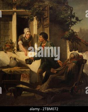 The Blind Beggar, 1856. Inondata dalla luce del sole, una giovane donna attraente in abito country olandese si appoggia da una finestra aperta in un angolo di un cottage coperto di vite. Lei cerca di far cadere le monete nel cappello di un giovane fuori dalla sua finestra, che indossa una tunica a pezzetti e sporca. Sta sollecitando beneficenza per conto di una donna anziana, che aspetta accanto a lui in un mezzo gommato e disegnato a mano. Un panorama lontano è visibile sopra il muro di mattoni a destra. Anche se Alma-Tadema aveva solo 20 anni quando dipinse questa scena, mostra già in essa le abilità narrative che gli porteranno tali Foto Stock