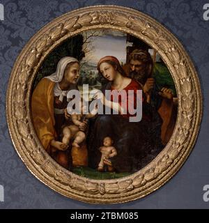 La Sacra famiglia con Santa Elisabetta e il bambino San Giovanni Battista, c1525-1530. Il giovane Giovanni Battista e il bambino di Cristo sono rappresentati in modi che incoraggiano lo spettatore a riflettere sul loro futuro. Tenuto da sua madre Elisabetta, cugina di Mary, John interpreta il suo ruolo da adulto come precursore di Cristo e affida a Maria un piccolo ramo a forma di croce. Ai piedi di Maria, il piccolo bambino di Cristo è mostrato profondamente addormentato in una posizione che prefigura la sua morte successiva. Foto Stock