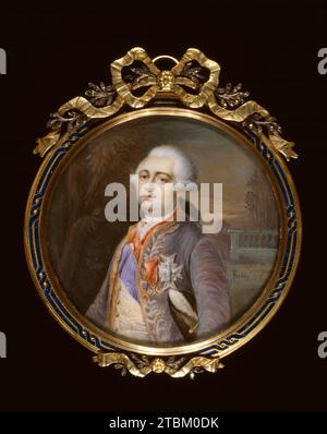 Ritratto di re Luigi XVI, fine XVIII secolo. Anche se ben intenzionato, Luigi XVI (1754-1793) mancava dell'intelligenza e della lungimiranza per far fronte ai cambiamenti radicali che si verificarono in Francia durante il suo regno (1774-1893). Fu imprigionato nel 1792 e decapitato l'anno successivo. Louis Marie Sicard fu un pittore alla corte francese tra il 1780 e il 1784. La firma "R. Fortin" è un'aggiunta successiva. (Fortin, un artista francese che fuggì in Inghilterra durante la Rivoluzione francese, espose alla Royal Academy di Londra, elencando erroneamente se stesso come "un membro della Royal Acade di Francia Foto Stock