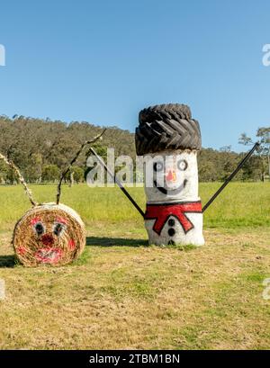 Maitland, NSW, Australia. 13 dicembre 2021 esposizione natalizia di arte balle di fieno lungo un'autostrada. balle di fieno dipinte per celebrare le festività natalizie. Foto Stock