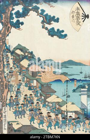 Kanagawa, pubblicato nel 1865. Dalla serie Suehiro (ventola pieghevole) versione delle 53 stazioni. Foto Stock