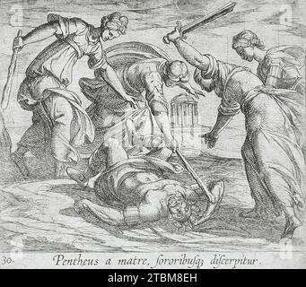 La morte di Pentheus, pubblicato nel 1606. Serie: Le metamorfosi di Ovidio, PL. 30. Foto Stock