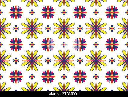 motivo di sfondo con motivi simmetrici simili a fiori. Presenta un design colorato e vivace, adatto per l'uso in carta da imballaggio o. Illustrazione Vettoriale
