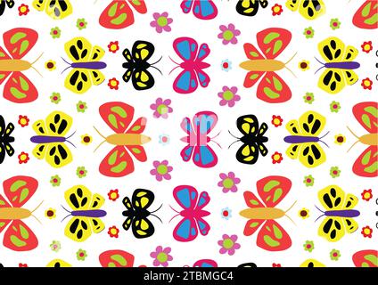 Un motivo senza cuciture di farfalle colorate e fiori su sfondo bianco Illustrazione Vettoriale