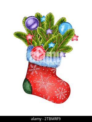 Illustrazione ad acquerello di uno stivale con rami di abete e decorazioni di Capodanno, stelle. Isolato su bianco. Ideale per biglietti d'auguri, volantini, brochure, M Foto Stock