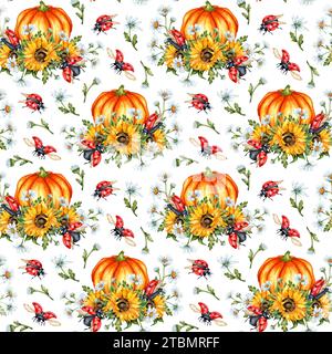 Illustrazione ad acquerello di un motivo di zucca arancione matura con girasoli, margherite e coccinelle. Simbolo del Ringraziamento o di Halloween. Stagione autunnale Foto Stock
