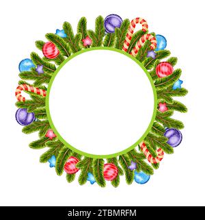 Illustrazione ad acquerello di una corona natalizia fatta di rami di abete, palle di Capodanno, stelle e una canna da zucchero. Isolato su bianco. Decorativi colorati Foto Stock