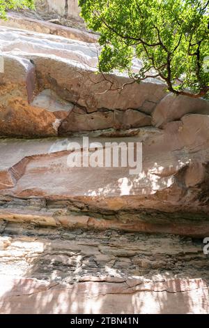 Parco nazionale PHA Taem, dipinti rupestri preistorici sulla scogliera del Mekong (fiume), gruppo 1 "Pha Kham", Ubon Ratchathani, Thailandia, Sud-est asiatico, Asia Foto Stock