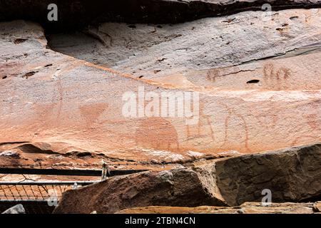 Parco nazionale PHA Taem, dipinti rupestri preistorici sulla scogliera del Mekong (fiume), sito del gruppo 2, Ubon Ratchathani, Isan, Thailandia, sud-est asiatico, Asia Foto Stock