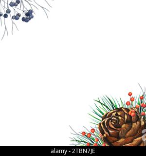 Cornice invernale ad acquerello con cono di pino, rami di abete, bacche rosse, bacche blu, rami astratti. Illustrazione di Capodanno botanico per le vacanze invernali Foto Stock