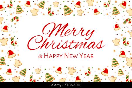 Buon natale, banner con cornice di biscotti allo zenzero, biglietto di auguri per l'anno nuovo piatto. Cappello di canna caramella regalo di natale angelo fiocco di neve confetti dessert glassa pan di zenzero decorazioni dolci natalizie volantino festivo Illustrazione Vettoriale